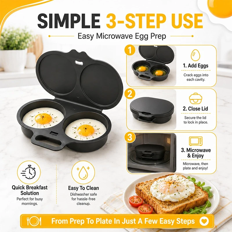 2026 New Dual Cavity Microwave Egg Poacher With Lid Handle Quick-Heat Microwave Egg Poacher For 2 Eggs Quick Oil-Free Cooking