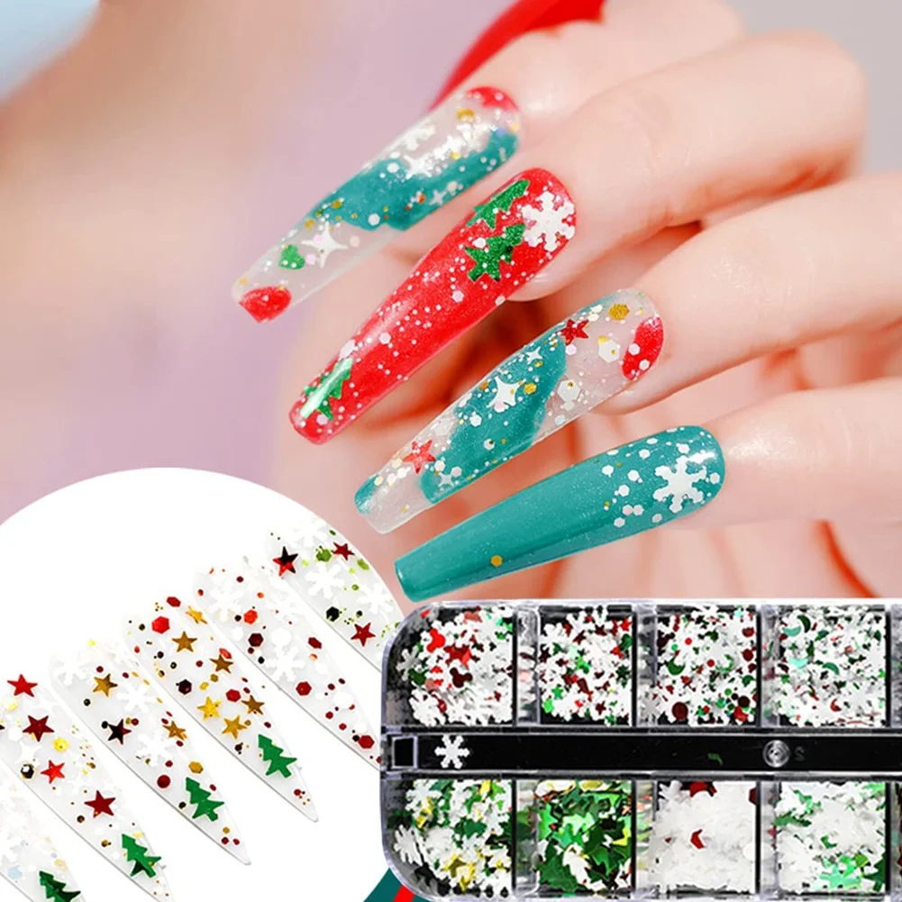 ABNL 12 Grid Snowflake Nail Glitter Sequins Art Decals Holographic Christmas Glitter Nail Jewelry Decoration