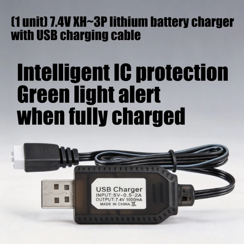 USB Power Cable for 7.4V Battery, Black 55 Wire with 3 Pin End