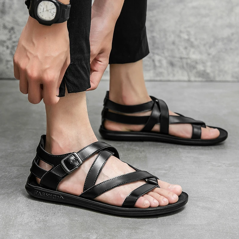 Summer Classic Black/White Men Rome Genuine Leather Roman Sandals Gladiator 2023 Breathable Sandals Romanas Hombre Flat Sandles