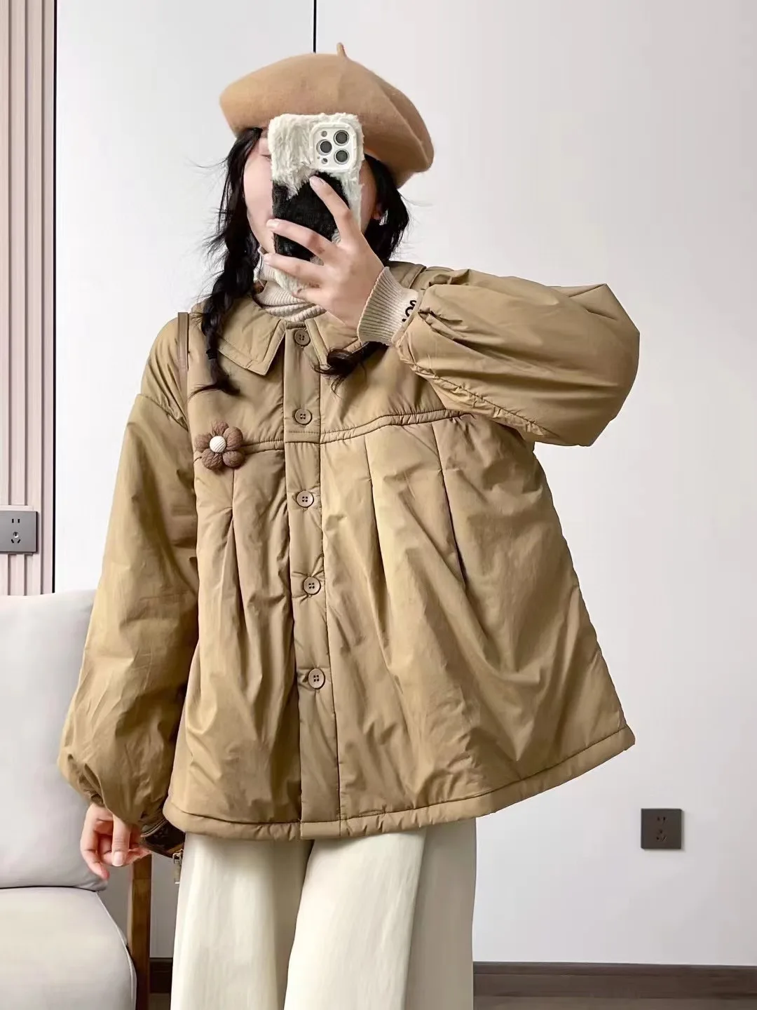 Novo casaco acolchoado de algodão de inverno 2025, feminino peter pan colarinho sólido, mori menina redução de idade chique quente solto outerwear c5d924cc