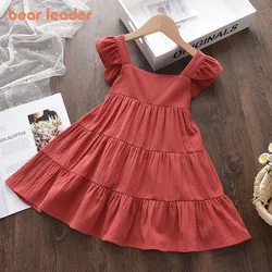 Bear Leader Summer 2023 New Casual Baby Kid Girl Infant Sleeveless Ruffles Princess Dress Cute Solid Color Korean Kids Clothes