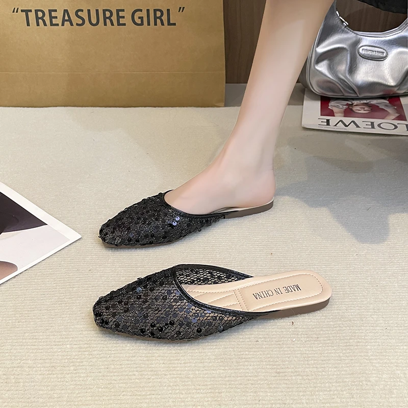 New Baotou Slippers Spring Square Head Shallow Mouth Glitter Mesh Cover Feet Soft Sole Anti-slip Wear-resistant Flat Shoes