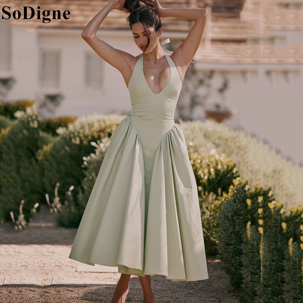 

SoDigne Old School Green Evening Dresses A-Line Halter Pleated Simple Spring Sundress Marilyn Style Midi Prom Gowns Customized