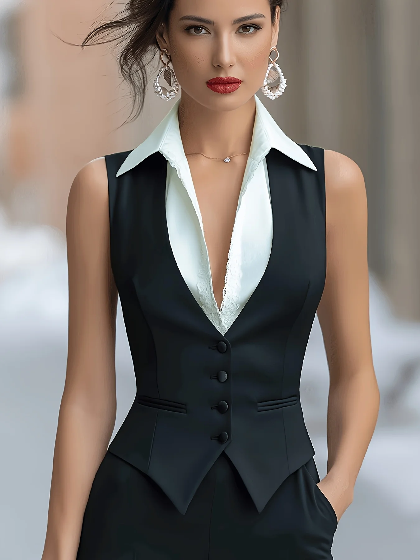 Women Tailored Waistcoat Vest, Black V‑Neck Single Breasted Slim Fit Sleeveless Suit Vest Business Office Layering Top for