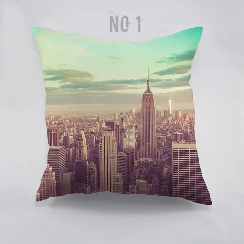 New York City View Dawn Pattern Cotton Cushion Cover For Home Car Couch  Empire State Building Design Dark Night Pillw Case