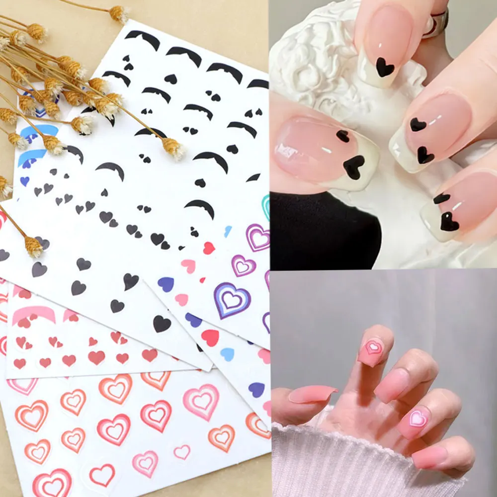 1 Sheets Colorful Love Nail Art Stickers, French Tips Self-Adhesive Nail Decals for Nail Supplies, Heart Nail Accessories for Ma