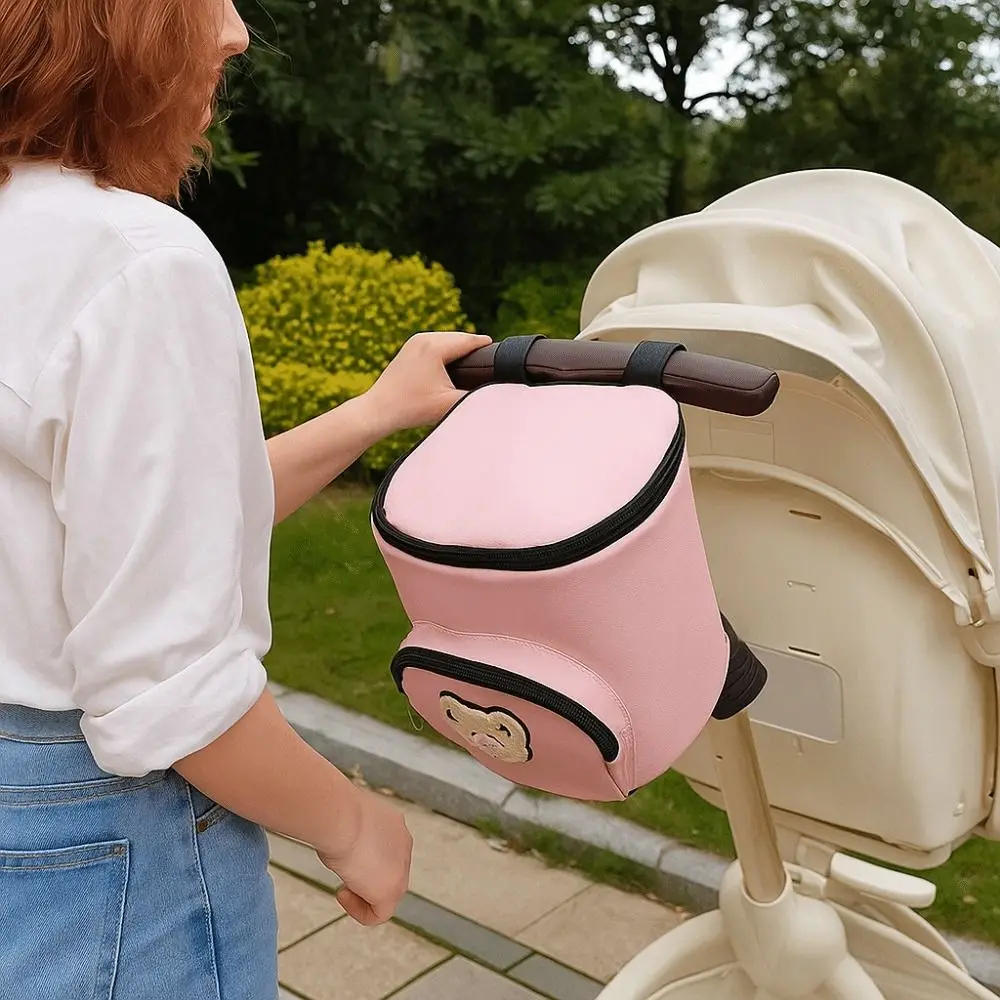 Portable Waterproof Baby Stroller Hanging Bag PU Leather Large Capacity Stroller Organizer Bags Cartoon Bear Umbrella Cart Bags