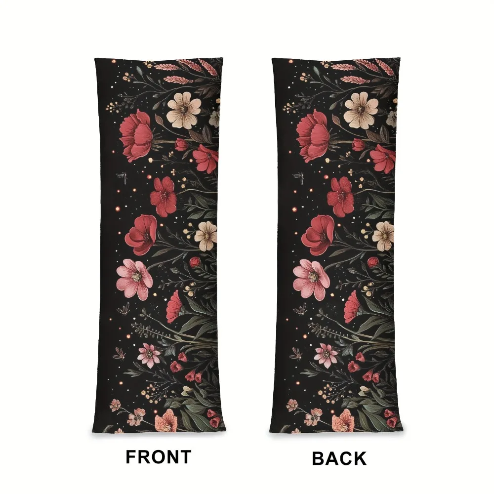 1 Tropical Floral Print Long Throw Pillow Cover | Red Flowers on Dark Background, 100% Polyester, Zippered, Machine Washable - S