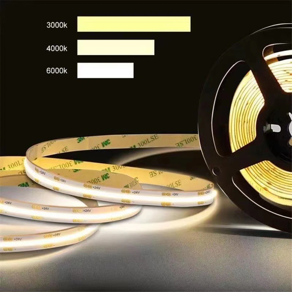 DC 12V 24V COB LED Strip Lights 1M- 5M 10M High Density Flexible Diode LED Strip Tape Light 3000K 4000K 6000K Linear Dimmable