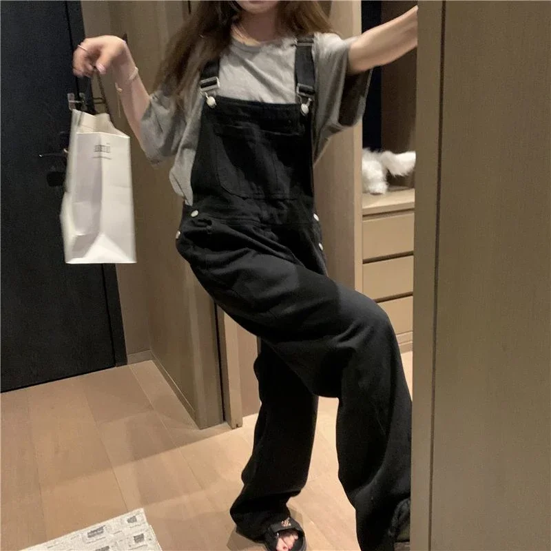 

Female Baggy Rompers Trouser Women's High Waisted Straight Black Jumpsuit Classic Vintage Overalls Fashion Girl Wide Leg Pants