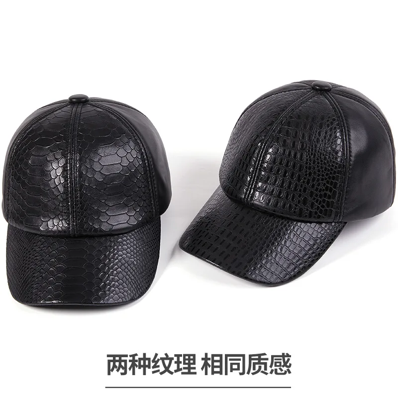 Autumn and winter high-end casual leather hat men\'s sheepskin baseball cap middle-aged young outdoor warm crocodile pattern cap