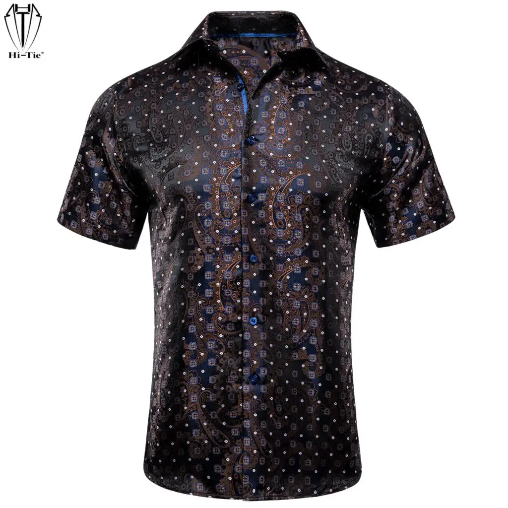 

Hi-Tie Short Sleeves Black Dots Paisley Floral Mens Social Shirts Jacquard Silk Summer Hawaiian Shirt For Male Wedding Business