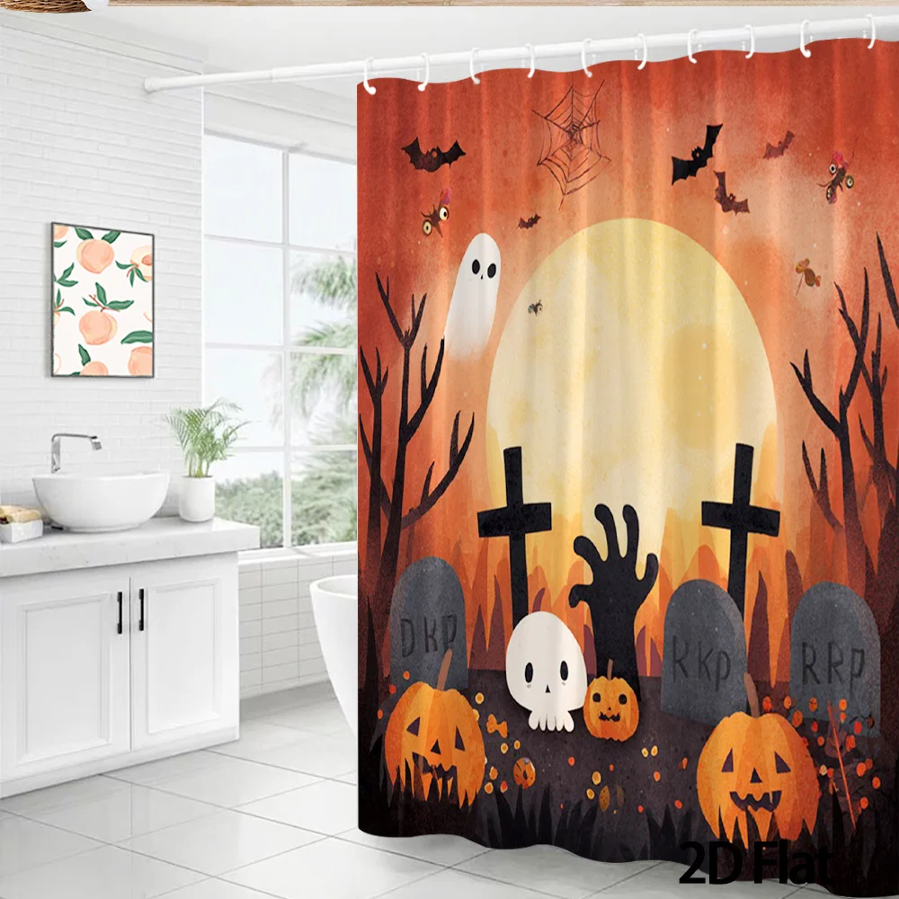 Halloween Graveyard Ghost Shower Curtain, Pumpkin Zombie Hand Print Waterproof Bathroom Decor, Spooky Holiday Home Bath Screen