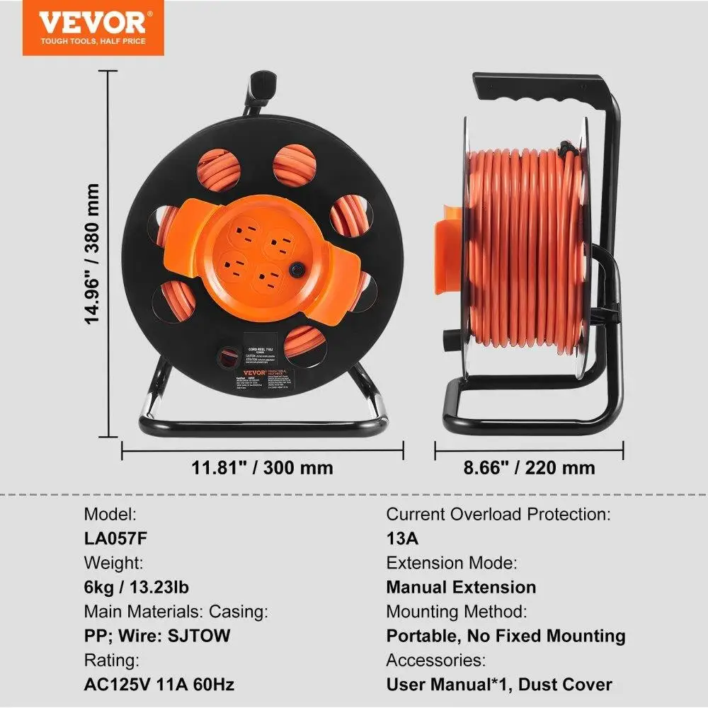 100FT Heavy Duty Extension Cord Reel with 4 Outlets, Dust Cover & Circuit Breaker - 14AWG SJTOW for Garage/Workshop