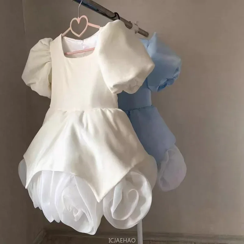 Elegant 3D Floral Dresses New Years Girl Clothes Children Puff Host Outfit Birthday Costume Dress Sleeve Vestido Kid Pageant