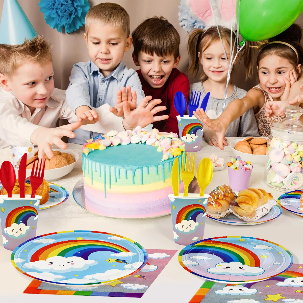 Platos de papel de arcoíris para niño y niña, servilletas desechables con estampado de dibujos animados, suministros para fiestas, cumpleaños y Baby