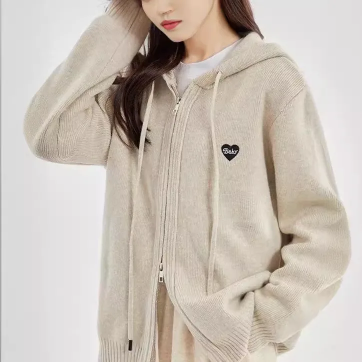 New Autumn Winter Knitted Women's Zip Up Hoodie Korean Fashion Casual Loose Hoodies Jacket for Women Sweatshirt Y2k Streetwear
