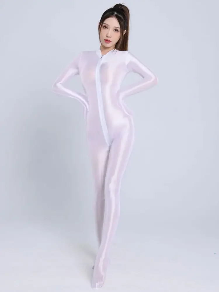 

Shiny Separate Finger Bodystocking Double Zipper Open Crotch Bodysuit Tight Sexy Transparent Lingerie Jumpsuit Leotard Conjoined