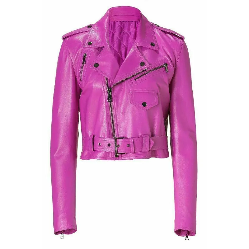 Pink Women's Authentic Lambskin Pure Leather Jacket Crop Pink Belt Coat