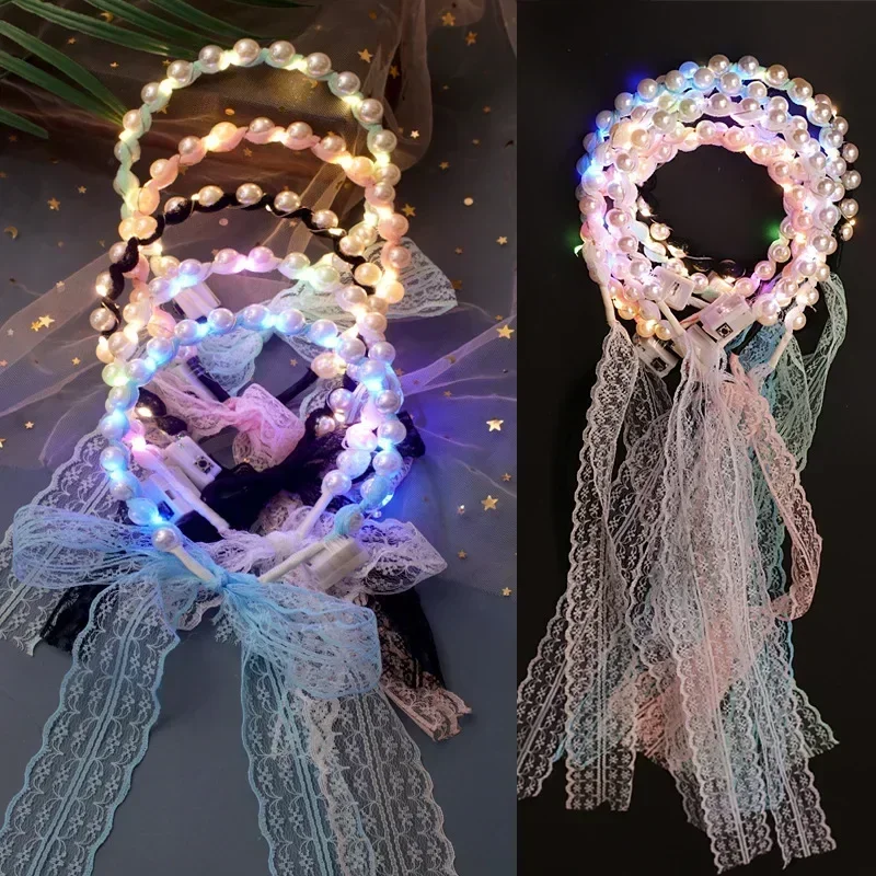 

20pcs White Women Girl Light Up Pearl Headbands LED Hair Bands Halloween Accessories Wedding Festival