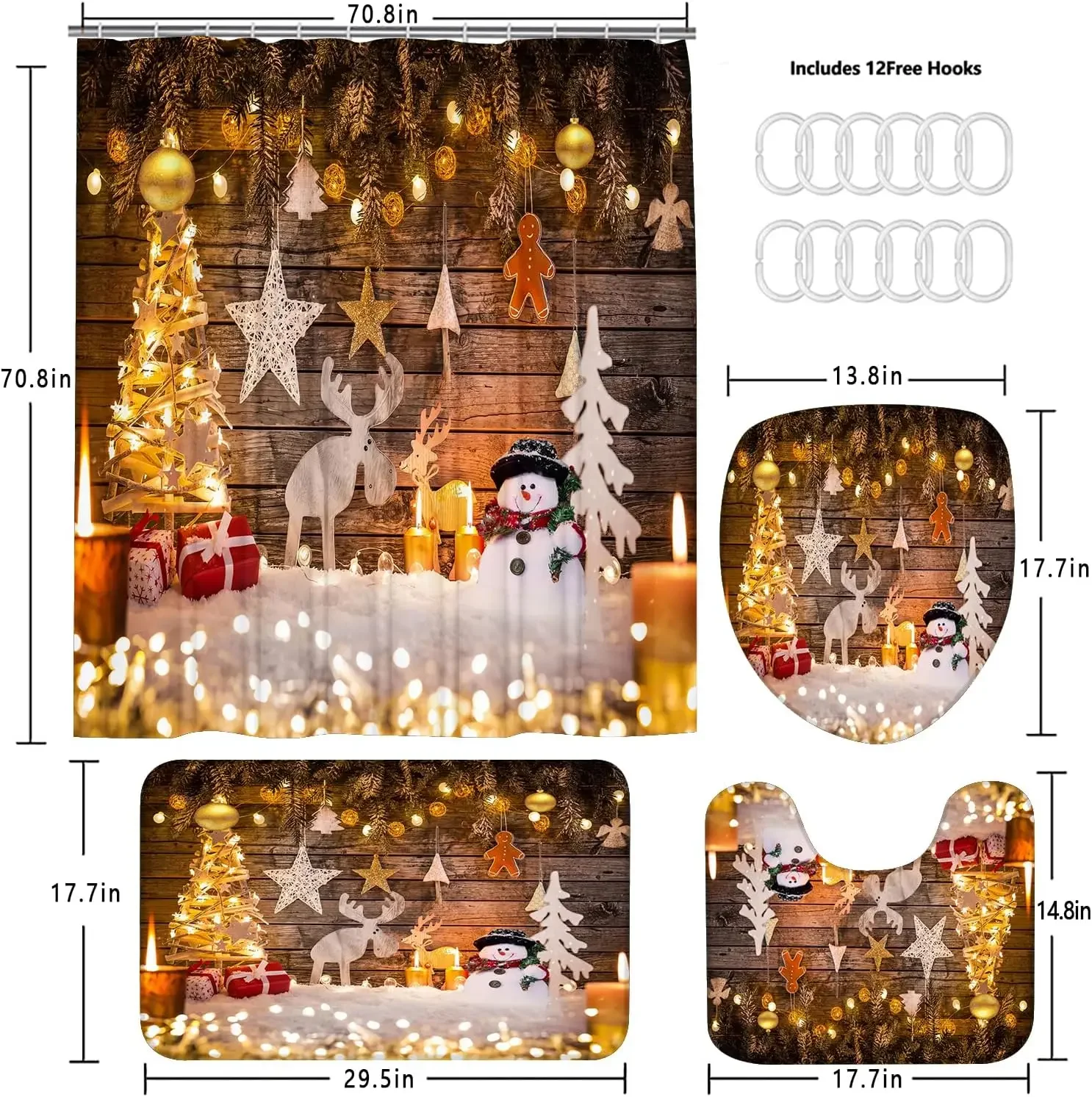 Christmas Shower Curtain Set with Curtain, Rugs, Bathroom Decor, Xmas Tree, Snowman, Reindeer, Winter Rugs, Toilet Lid Cover