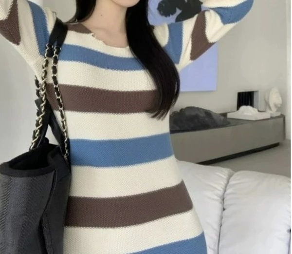 2025 vestido de malha listrado bloco de cores para mulheres outono e inverno fino ajuste camada interna bodycon vestido base camada fenda vestido longo