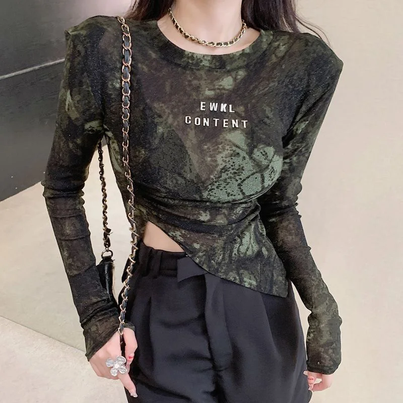 Women Summer Long Sleeve Irregular T-shirt Korean Retro Hot Girl Skinny Print Y2k Tops