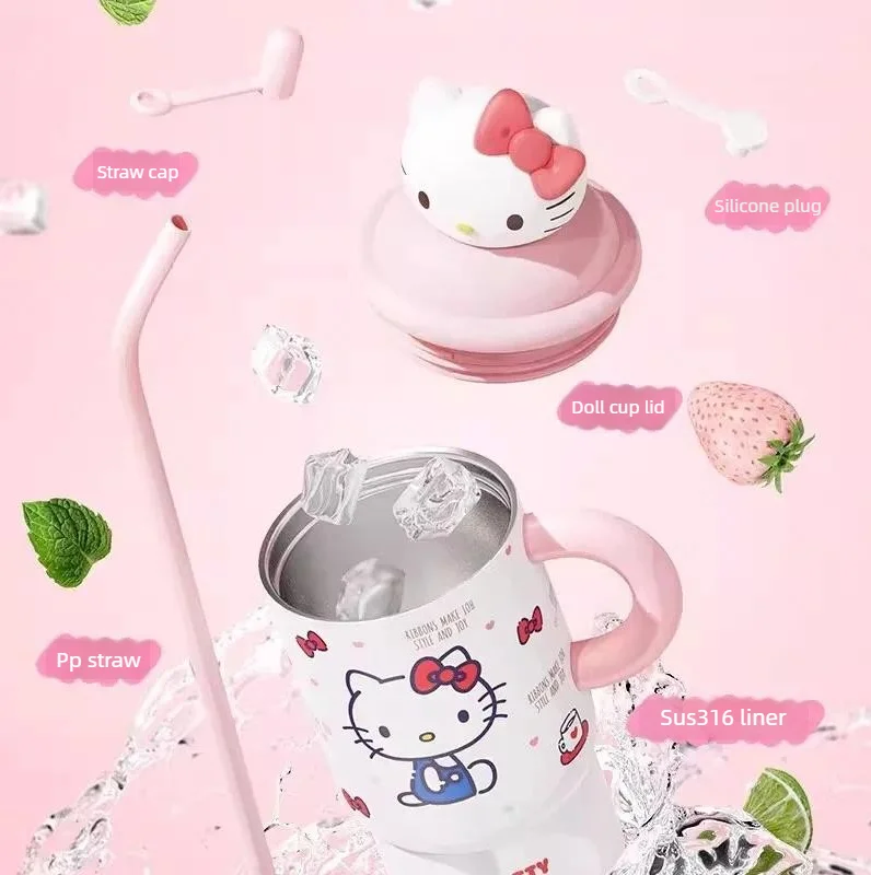 Cute Cartoon 316 Stainless Steel Thermos Cup Leopard Print Hello Kitty Large Capacity Vacuum Insulated Bottle For Girls