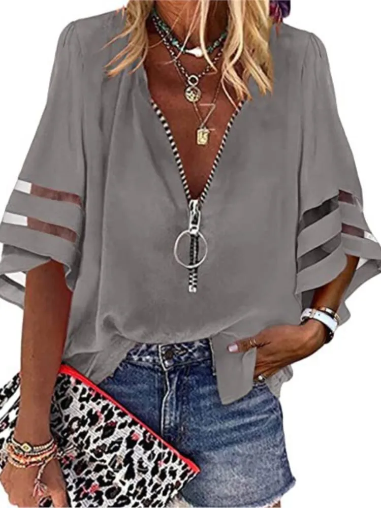 Summer New Solid Color Long-sleeved V-neck Zipper Women\'s Shirts Tops For Women Spring Fashion Elegant Casual Loose Tops Shirt