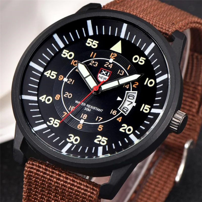 Fashion Luminous Dial Green Nylon Strap Watch Men Military Sports Watches Men Auto Date Quartz Wristwatches XINEW Heren Horloge