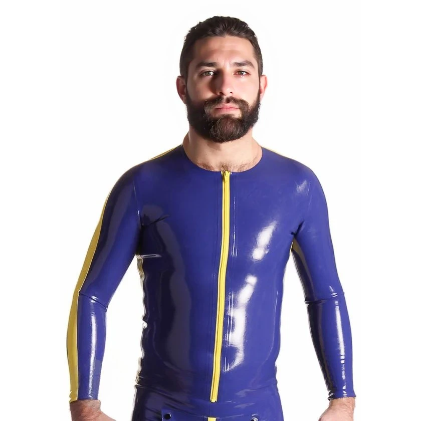 

customized latex top men's blue latex bodysuit with yellow zipper side stripes long sleeves 100% rubber handmade clubwear