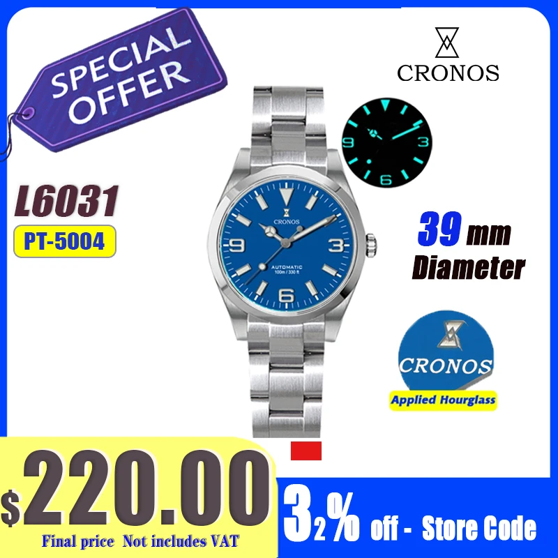 Cronos EX Diver Mechanical Men Watch 39mm Automatic PT5004 / Miyota 9015 Sapphire Glass Bushed Bracelet Glide Clasp 10ATM L6031