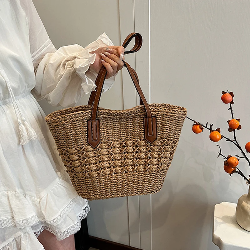 Elegant Ladies Straw Woven Handbag Women Holiday Beach Bag Casual Shopper Tote Top-Handle Bags Fashion Underarm Shoulder Bags