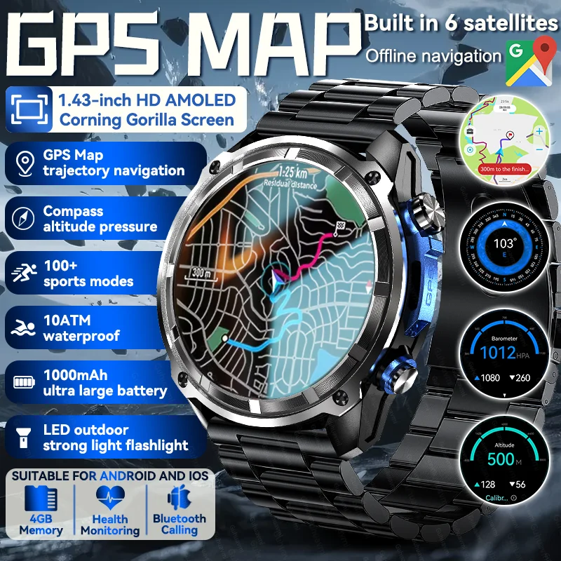 

New Men Outdoor 1000mAh Battery GPS Map Smart Watch Built in 4GB Memory AMOLED Watch Bluetooth Call Waterproof Sports Smartwatch
