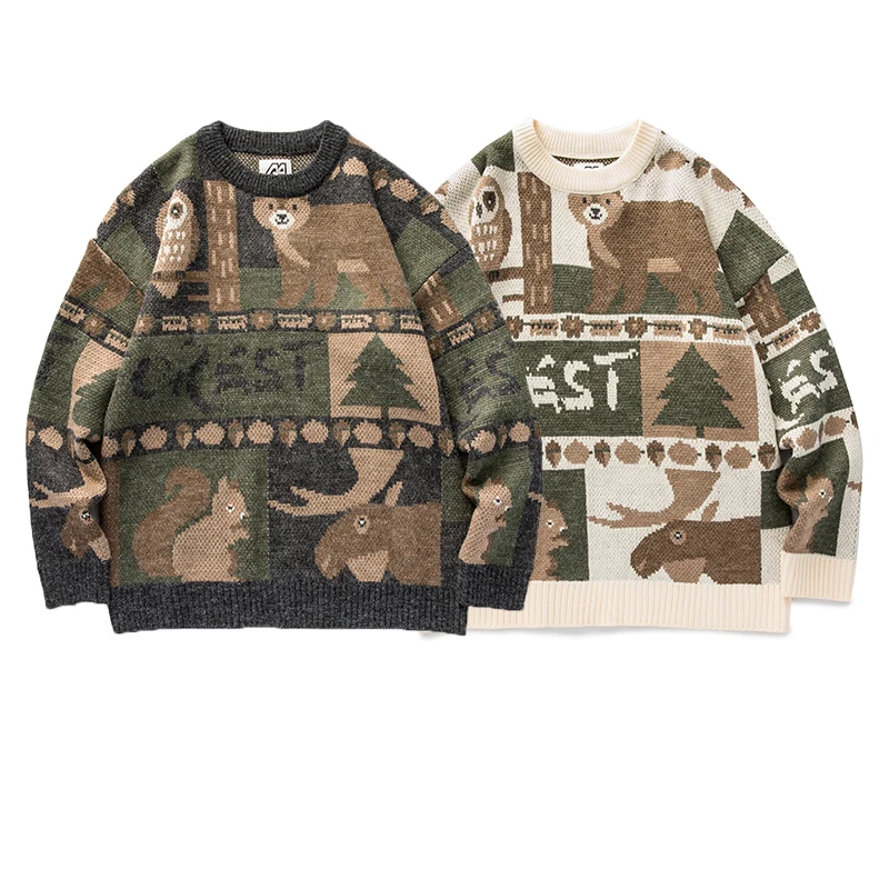 

Мужской рождественский жаккардовый свитер на осень/зиму с круглым вырезом, вязаные топы в стиле ретро, американский повседневный модный свободный вязаный пуловер, топ