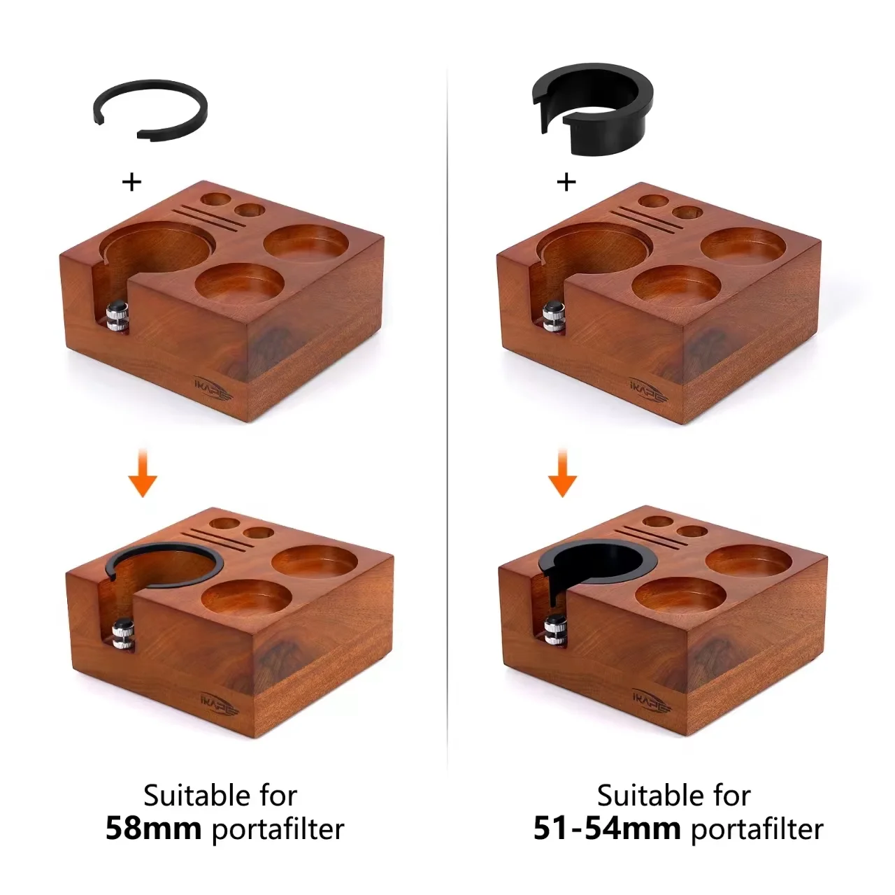 حامل سدادة الاسبريسو من IKAPE، قاعدة محطة سدادة قهوة خشبية 7 في واحد من خشب الجوز الطبيعي، حامل حصيرة إسبريسو مناسب 51/54/58 مم