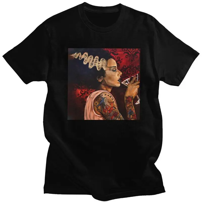 Custom Bride Cocktail Tattoo Art T Shirts Men Short Sleeve Frankenstein Monster Tee Tops Pure Cotton Oversized Tshirts Merch
