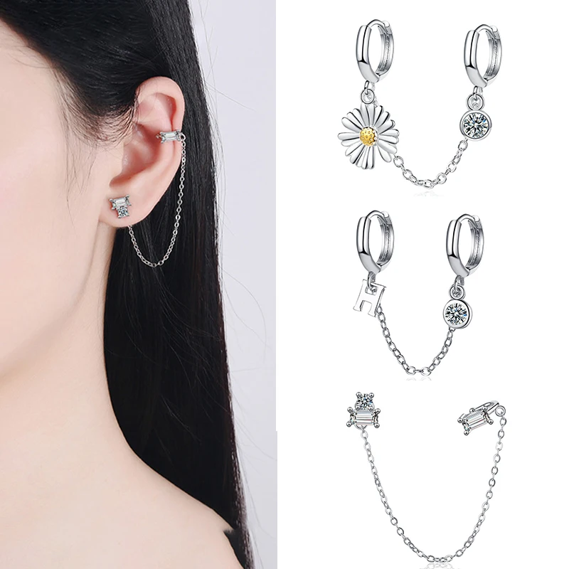 MEETSOFT Trendy 925 Sterling Silver Geometric Zircon Chain Hoop Earrings Buckle Collection for Women Fine Jewelry Drop Shipping