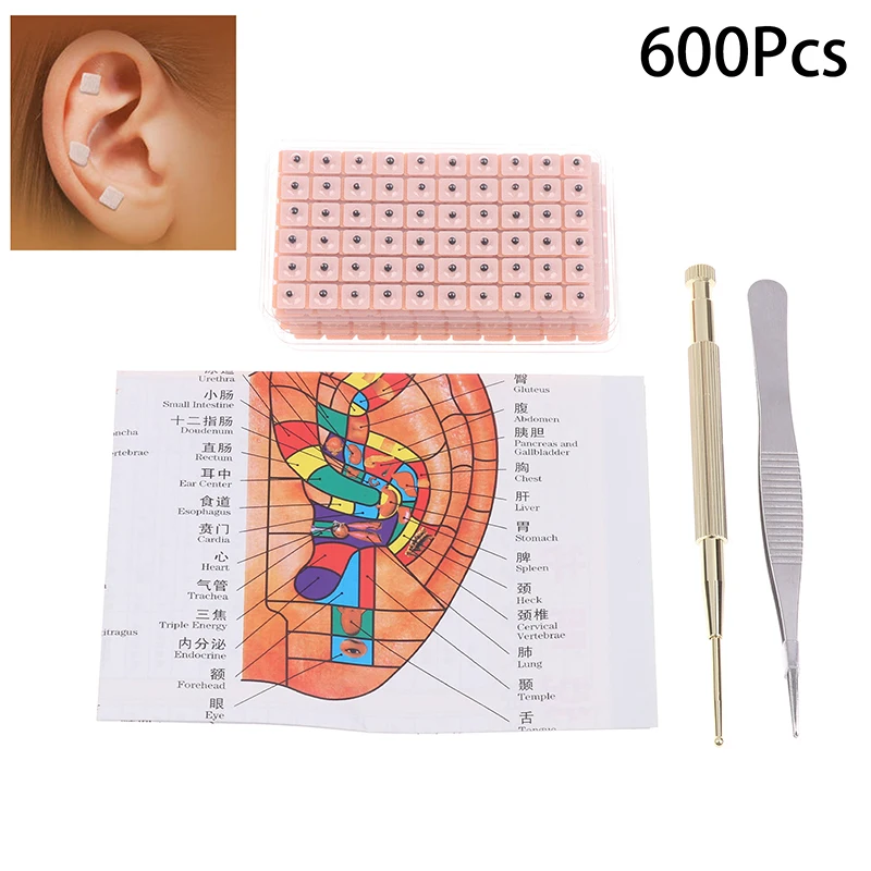 4-in-1-Set Multi-Konditionierungs-Ohrakupunktur-Saatgut-Sticker-Kit, 600 Stück, mit Akupressur-Diagramm, Pinzette und Ohrakupunktur-Sonde