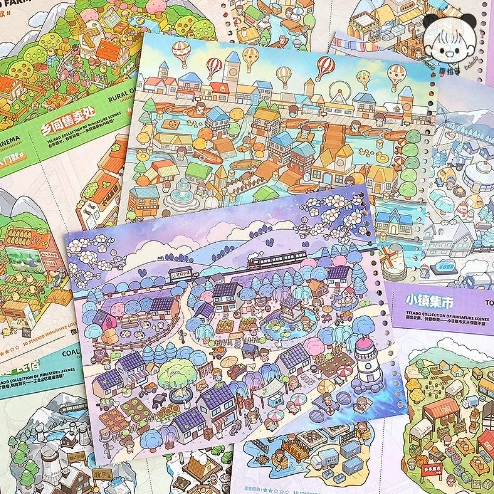 Cute 3D Scenery Stickers Large Size PET Miniature Scene Sticker 12 Scenes 20 Sheets Horizontal Stacking Sticker Book