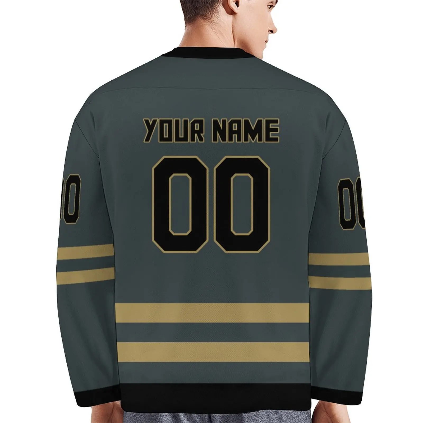 Custom Ice Hockey Jersey Gray Gold Hockey Training Uniform Personalized Name Number V-Neck Jersey Men Women Youth Kids Fans Gift