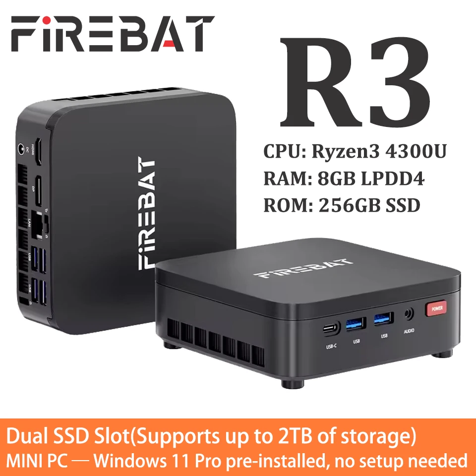 FIREBAT 2026 Mini PC R3 AMD Ryzen 3 4300U LPDDR4 8GB 16GB RAM 256GB 512GB SSD Windows11 Pro Wifi6 BT5.2 Ondersteuning 4K 60Hz Desktopcomputer