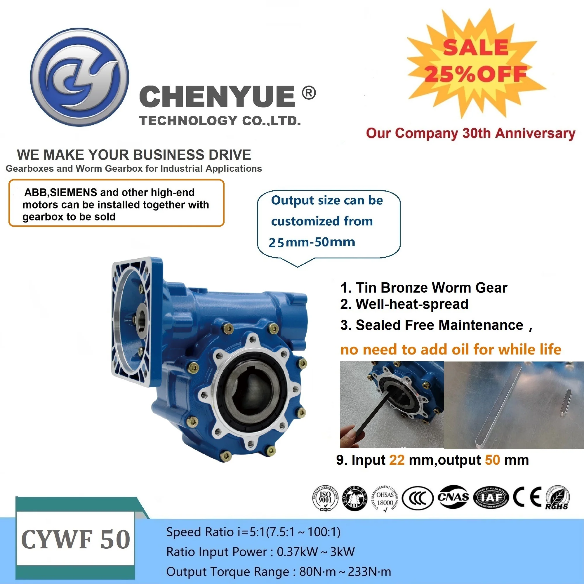 

CHENYUE Large output hole Worm Gearbox CYWF50 Input 22 Output 50mm Ratio 7.5:1/100:1 Speed 80-233N.m Engine 3Kw Free Maintenance