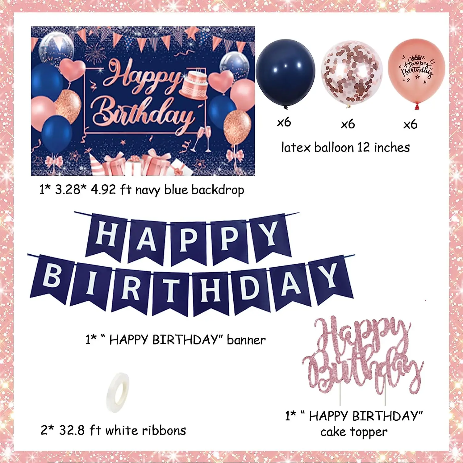 Navy Rose Gold Birthday Party Decoration, Happy Birthday Banner, Backdrop Balloon, Supplies for Women, Girl, 16th, 18th, 21st, 5