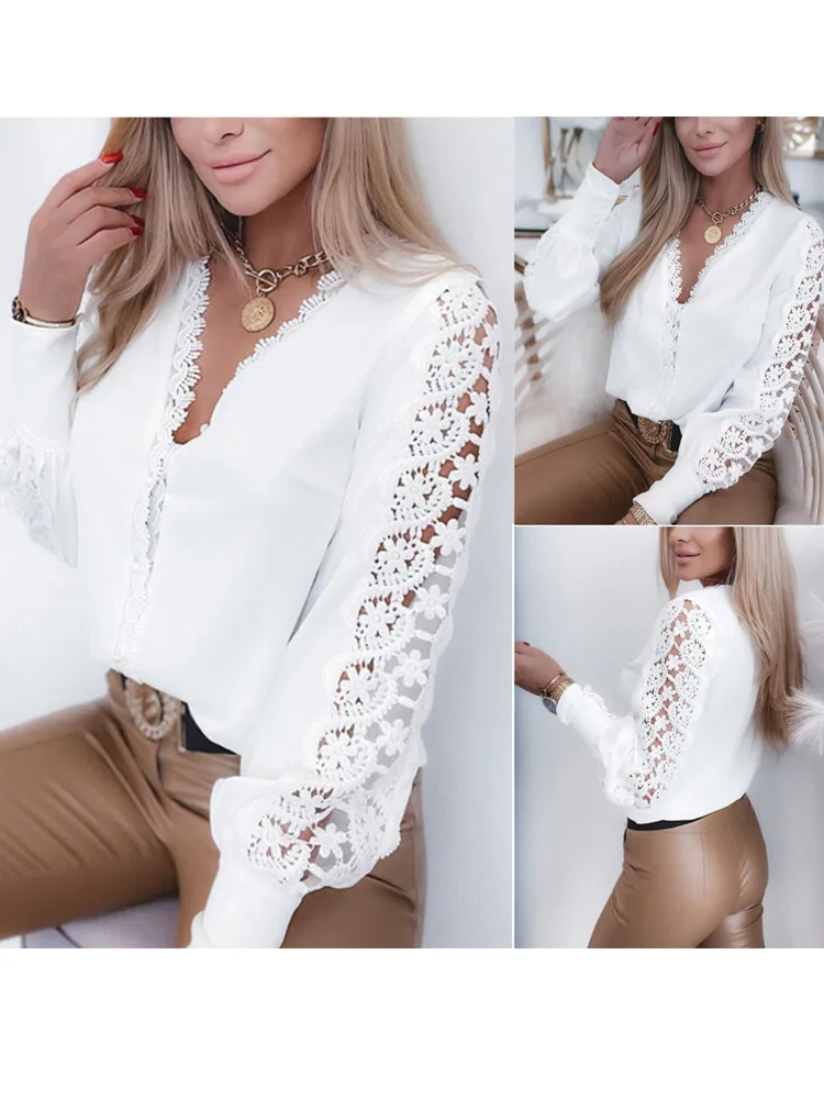 Fashion V-neck Long Lace Sleeve White Blouse Women Autumn 2022 Hollow Out Stitching Elegant Tops Vintage Lady Shirt Blusas 23338