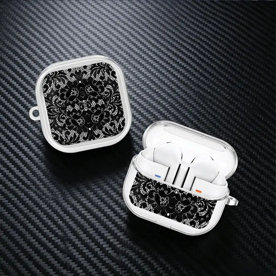 Case For Samsung Galaxy Buds 4 Pro 3Pro 4Pro Live 2 3 FE Clear Earphone Cases Cover Ornate Black Lace