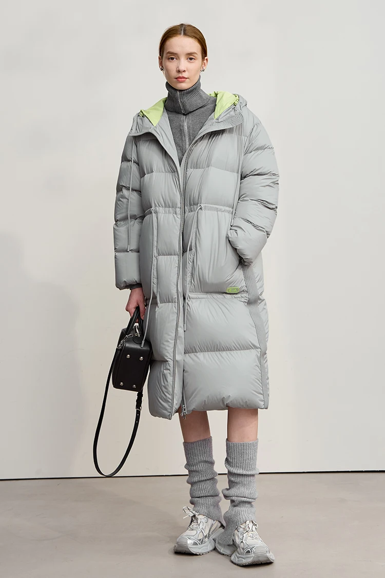 AMII Hooded Down Jacket 2026 Winter New Warm Zipper Long Sleeve 85% White Duck Down Coat Woman Loose Straight Long Coat 12524017
