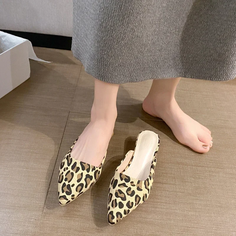 Leopard Mules Shoes For Women Slip On Square Heel Slippers Women New Luxury Designer PU Leather Slides Elegant Office Shoes