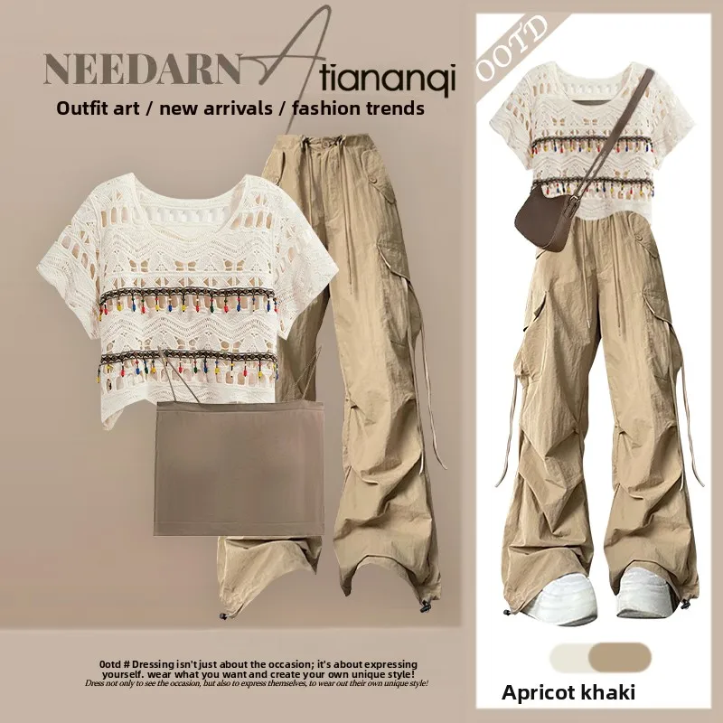 

Fashionable Hollow out Knitted Top with Workwear Pants And Two Other Pieces Three Piece Set Summer 2026 New Arrival Ethnic Style